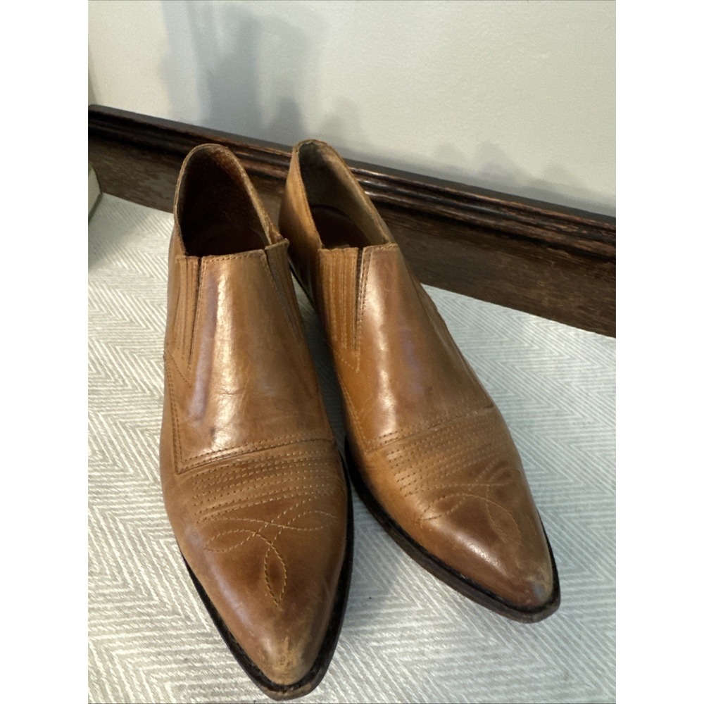 Vintage Circle S Tan Leather Western Ankle Boots Slip On Shooties Women's Sz 7.5